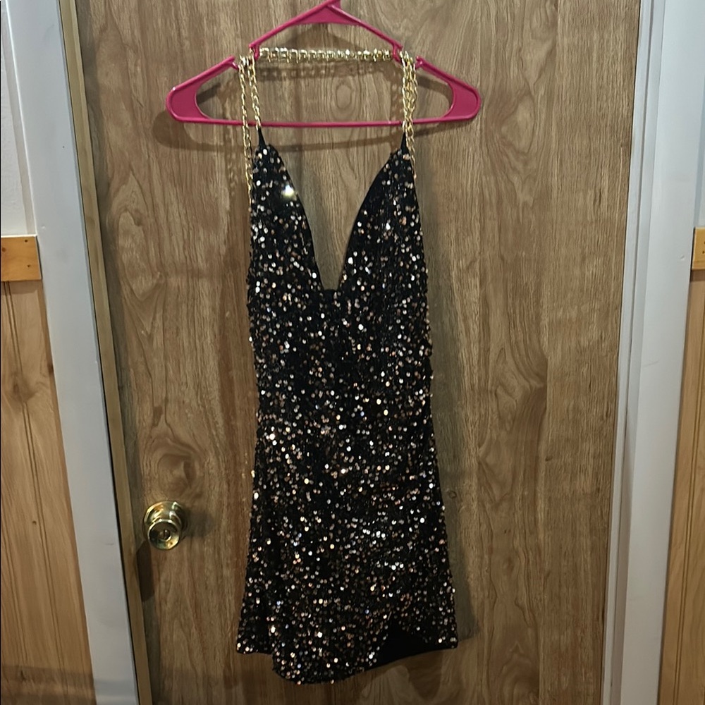 Elegant Black Sequin Dress with Gold Chain Straps
